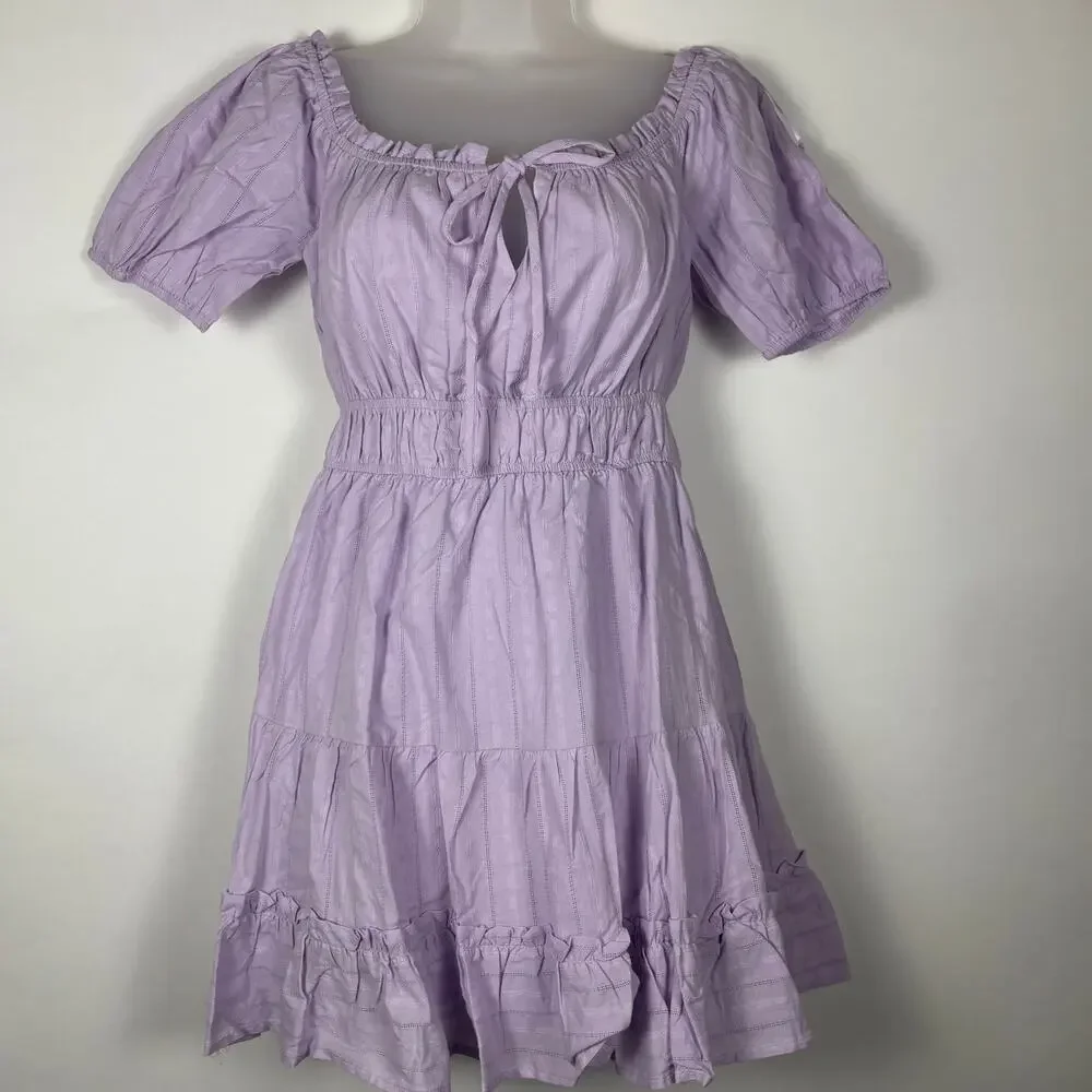 Lost + Wander Mini Dress Puff Sleeve Tiered Purple XS NWT